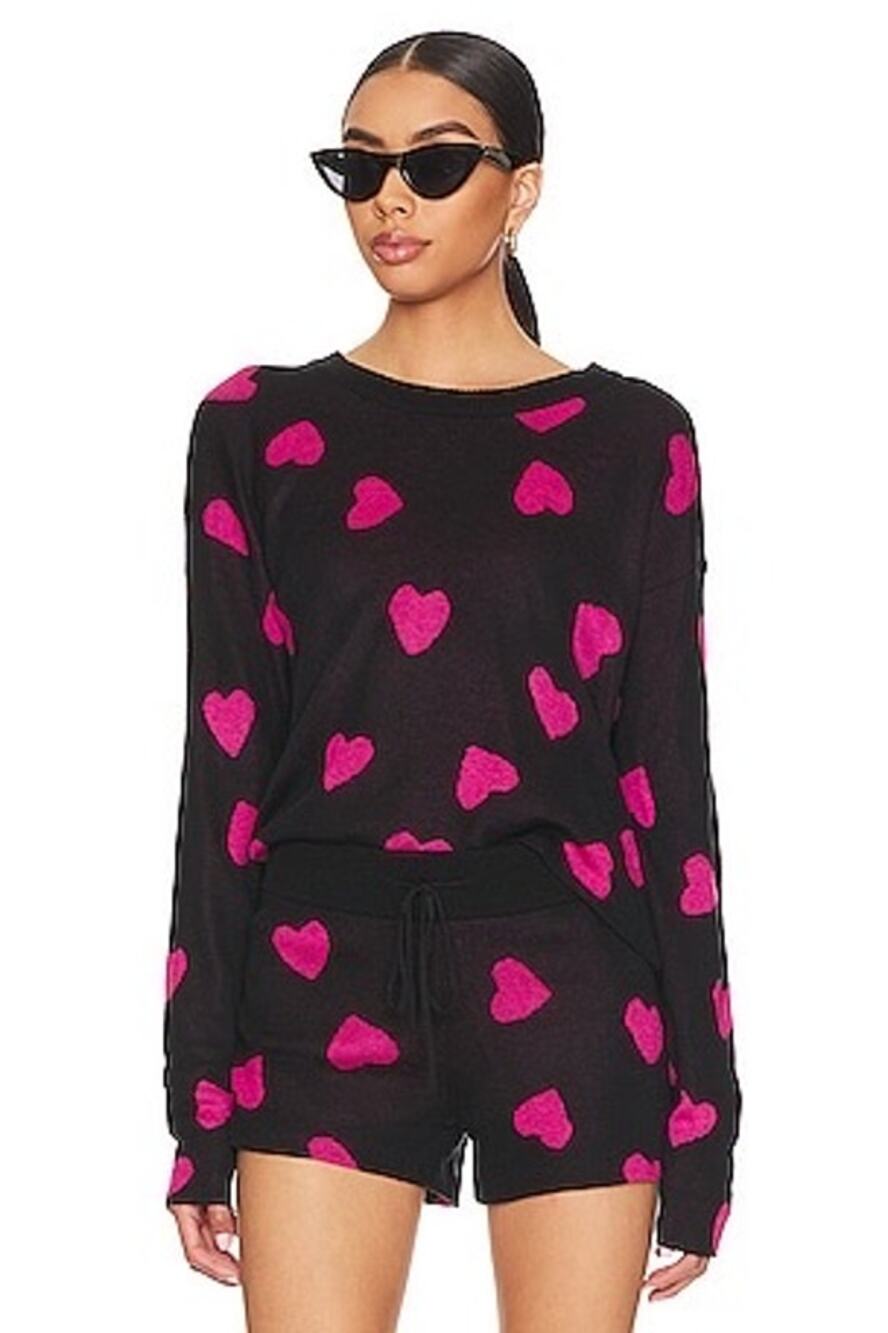 Beach Riot Tough Love Black Pink Heart Intarsia Knit Crewneck Beach Sweater Sz M